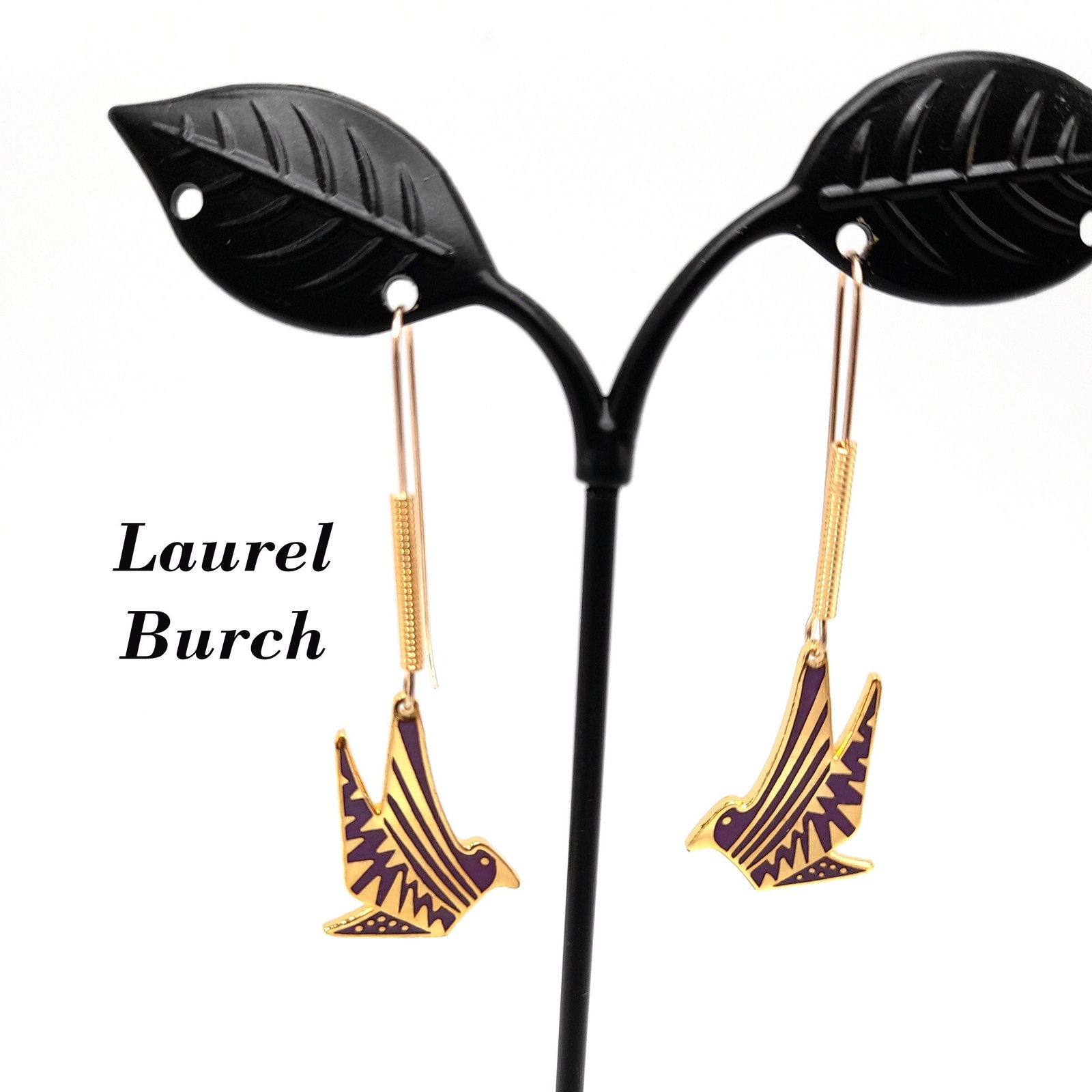 Laurel Burch Long Ear Wire Bird Earrings Purple Enamel Gold Plated 1990s 75$